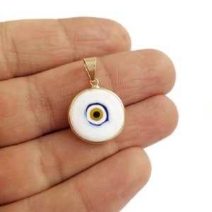 14K or 9K Gold Greek Evil Eye pendant.Solid Yellow Gold.White Eye.Leather cord with silver gold plated clasp.Protection & Luck charm