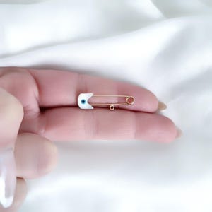 14K or 9K  Gold Greek Evil Eye Safety Pin Jewelry. 14K or 9K Yellow Solid Gold Safety Pin Brooch. One Hoop for Charms.