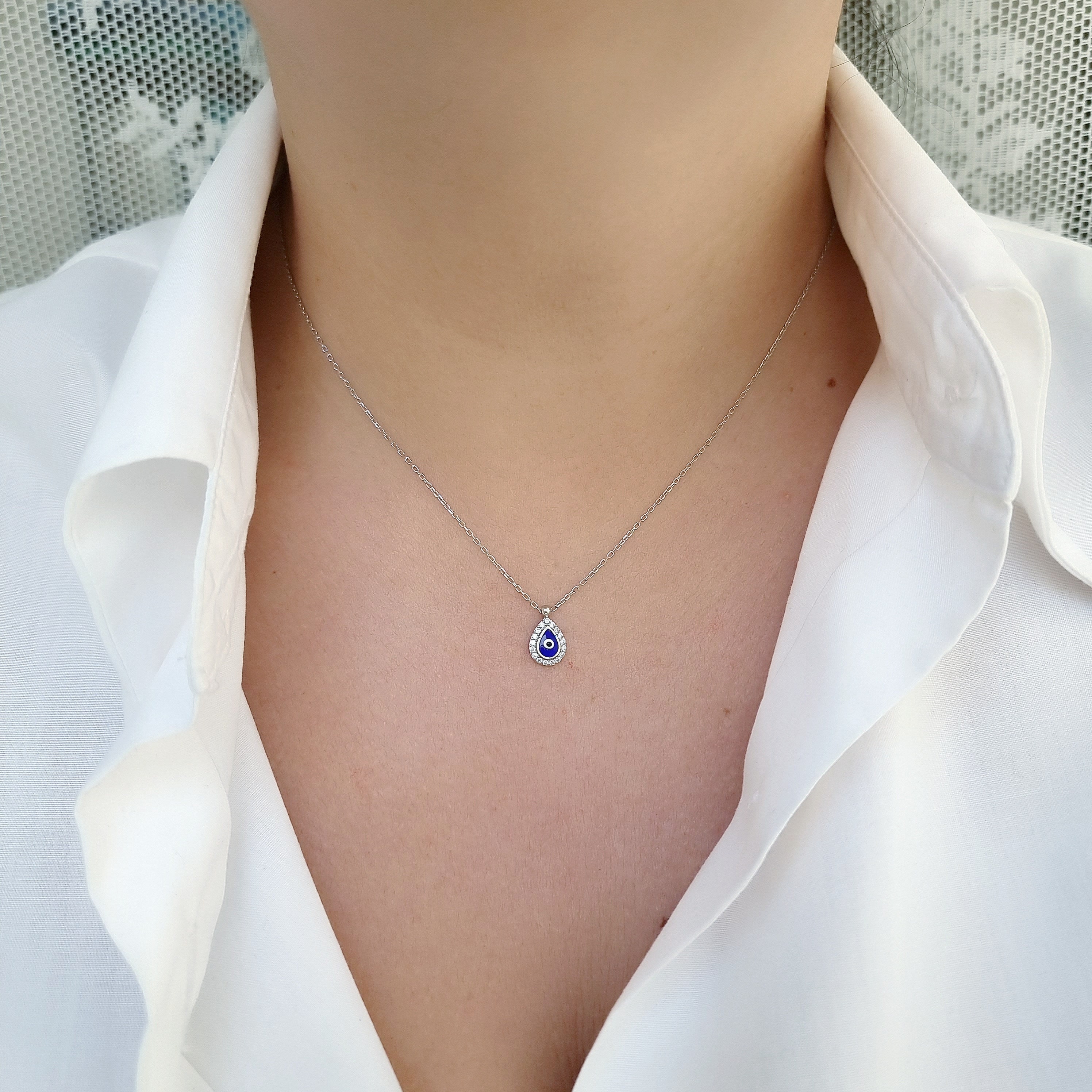 Collana Con Ciondolo Occhio Di Allah (Evil Eye) In Argento 925 E Zirconia Cubica – Catena Regolabile 40,6/43,2/45,7 Cm