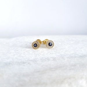 Dark Blue Evil Eye Earrings Studs. 925 Sterling Silver or Gold Plated & White Cubic Zirconia. Round Evil Eye.Butterfly Clasps