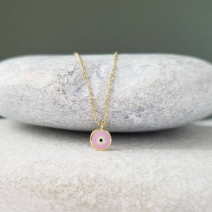 9K Greek Evil Eye Necklace Pendant. 9K Yellow Solid Gold. Pink and White Enamel. Good Luck and Protection Charm