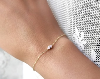 14K Tiny Pink Greek Evil Eye Enamel Chain Bracelet. 14K Yellow Solid Gold. Good Luck and Protection Jewelry.