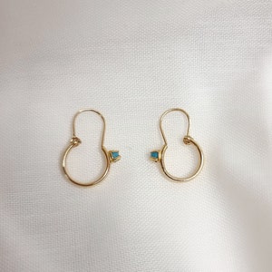 14K Tiny Solitaire Turquoise Hoop Earrings. 14K Yellow Solid Gold.