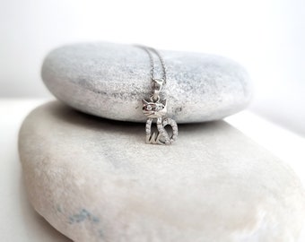 Silver Cat Pendant Chain Necklace. 925 Sterling Silver and Cubic Zirconia. 925 Sterling Silver Necklace.