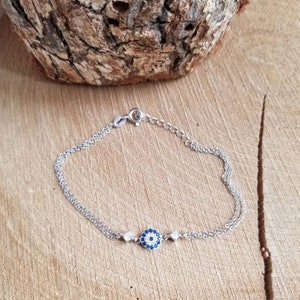 Round White & Blue Zirconia Greek Evil Eye Double Chain Bracelet. 925 Sterling Silver. Good Luck and Protection Jewelry.