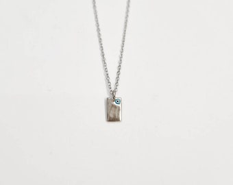 Tiny Turquoise & White Enamel Evil Eye Rectangle Pendant Chain Necklace. 925 Sterling Silver. 925 Sterling Silver Necklace. Free engraving