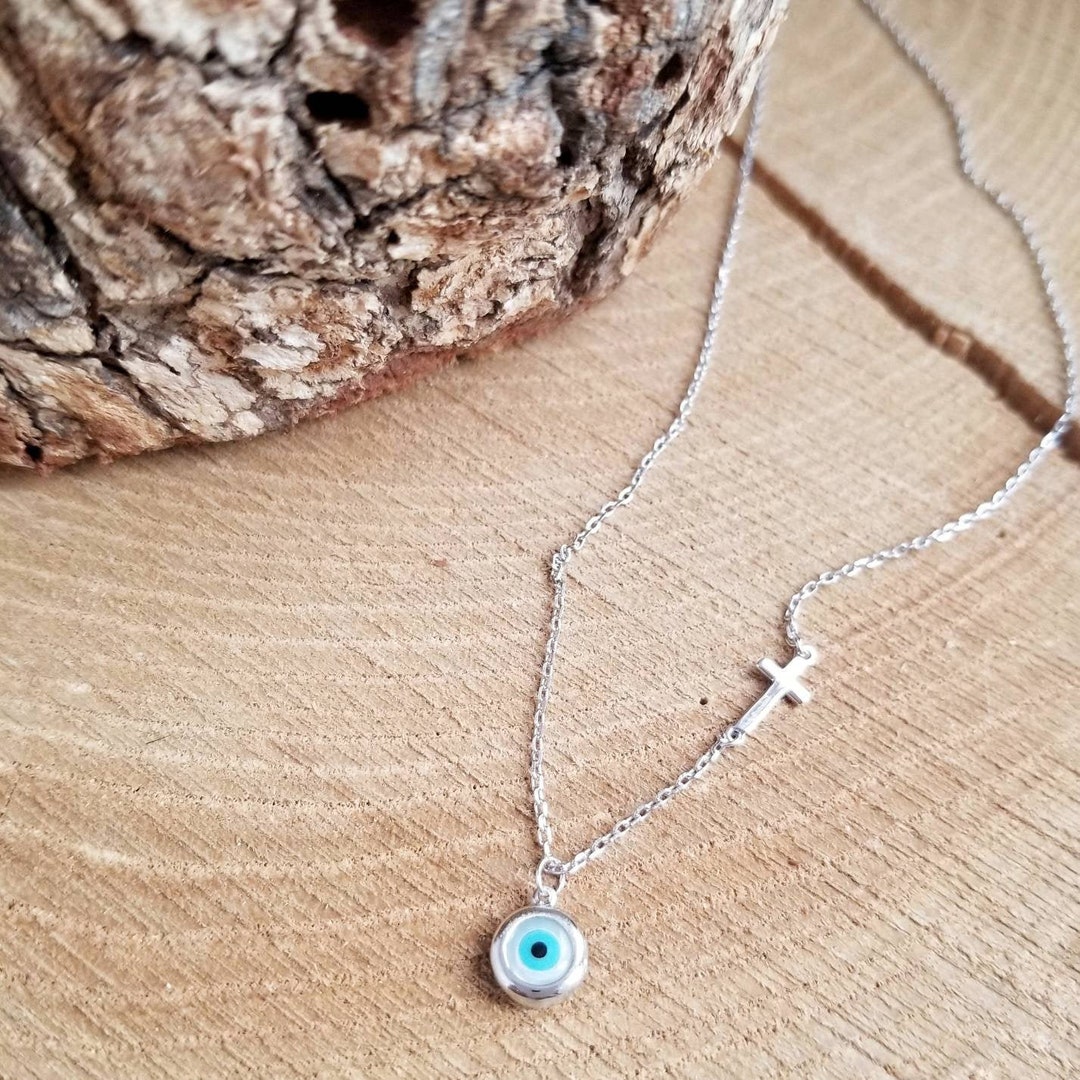 Round Greek Evil Eye Cross Pendant Chain Necklace. 925 Sterling Silver