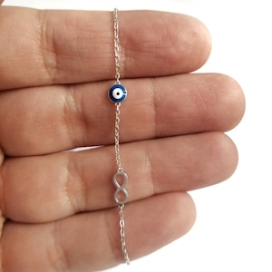 Tiny Dark Blue Greek Evil Eye & Infinity Symbol Chain Bracelet. 925 Sterling Silver. Good Luck and Protection Jewelry.