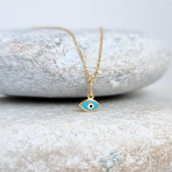 9K Gold Tiny Greek Evil Eye Pendant. 9K Yellow Solid Gold. Turquoise Enamel Evil Eye. Protection and Good Luck Charm