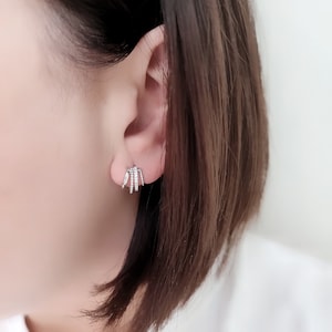 925 Sterling Silver Chic Earlobe Hoop Stud Earrings.Minimalist Hoop Stud Earrings. 6.40mm Thin Silver Hoops. White Cubic Zirconia.