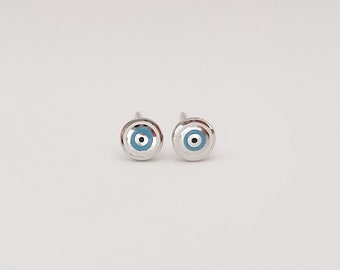 White and Turquoise Evil Eye Earrings Studs. 925 Sterling Silver. Round Evil Eye.Butterfly Clasps