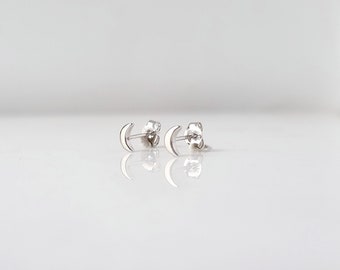 Tiny Half Moon Stud Earrings. 925 Sterling Silver . Butterfly silver clasps