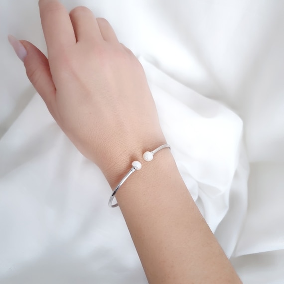 Sterling Silver Pearl Bangle Bracelet: Minimalist Chic Open Cuff