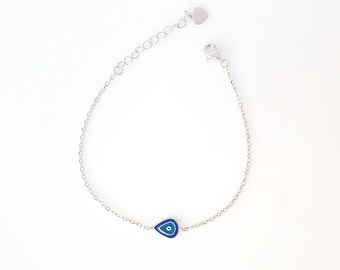 Dark Blue Green Teardrop Greek Evil Eye Enamel Chain Bracelet. 925 Sterling Silver. Good Luck and Protection Jewelry.