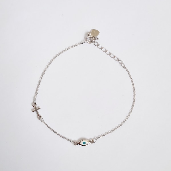 White Greek Evil Eye & Cross Chain Bracelet. 925 Sterling Silver. Good Luck and Protection Jewelry.