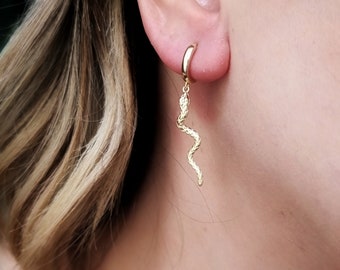 Modern Snake Sterling Silver Hoop Earrings. 925 Sterling Silver Gold Plated Snake Hoop Earrings.