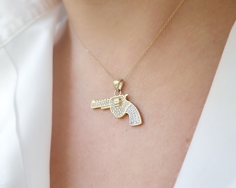 Pingente Revolver em Ouro Amarelo 14K com Zircônia Cúbica