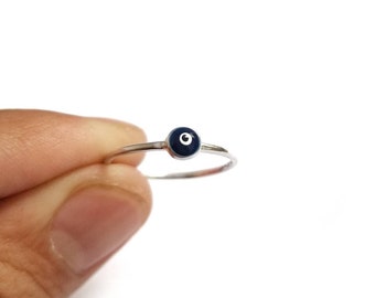 Tiny Round Dark Blue Greek Evil Eye Ring.925 Sterling Silver. Dark Blue and White Enamel Eye.Good Luck and Protection Jewellery.
