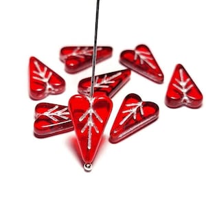 Czech Glass Heart Beads, 11x18mm Czech Glass Hearts in transparent Ruby with Silver Veining, Strand of 8 Premium Czech Glass Heart beads