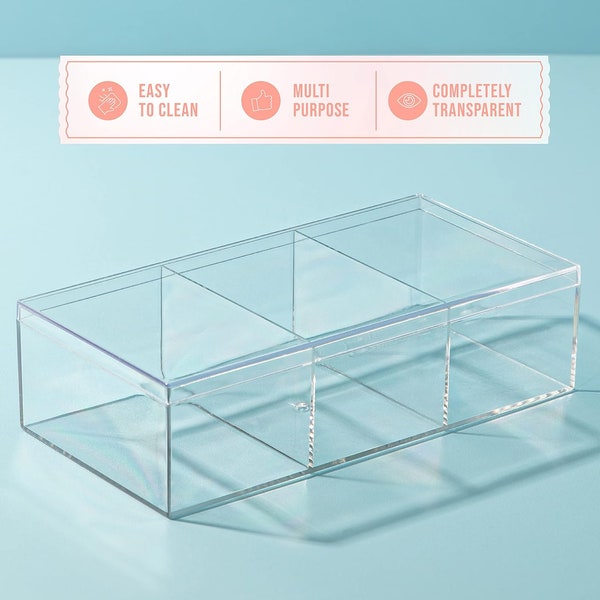 Essentials Clear Acrylic 3-Compartment Storage Container w/ Lid, 8x3x2 in., Bead Storage, Craft Storage, Covered Storage Bin, Makeup Storage