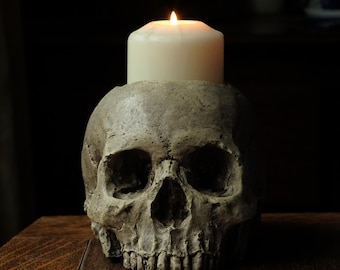 SKULL CANDLE HOLDER (polished bone) full size human skull candle holder made from plaster of Paris, painted for a weathered appearance