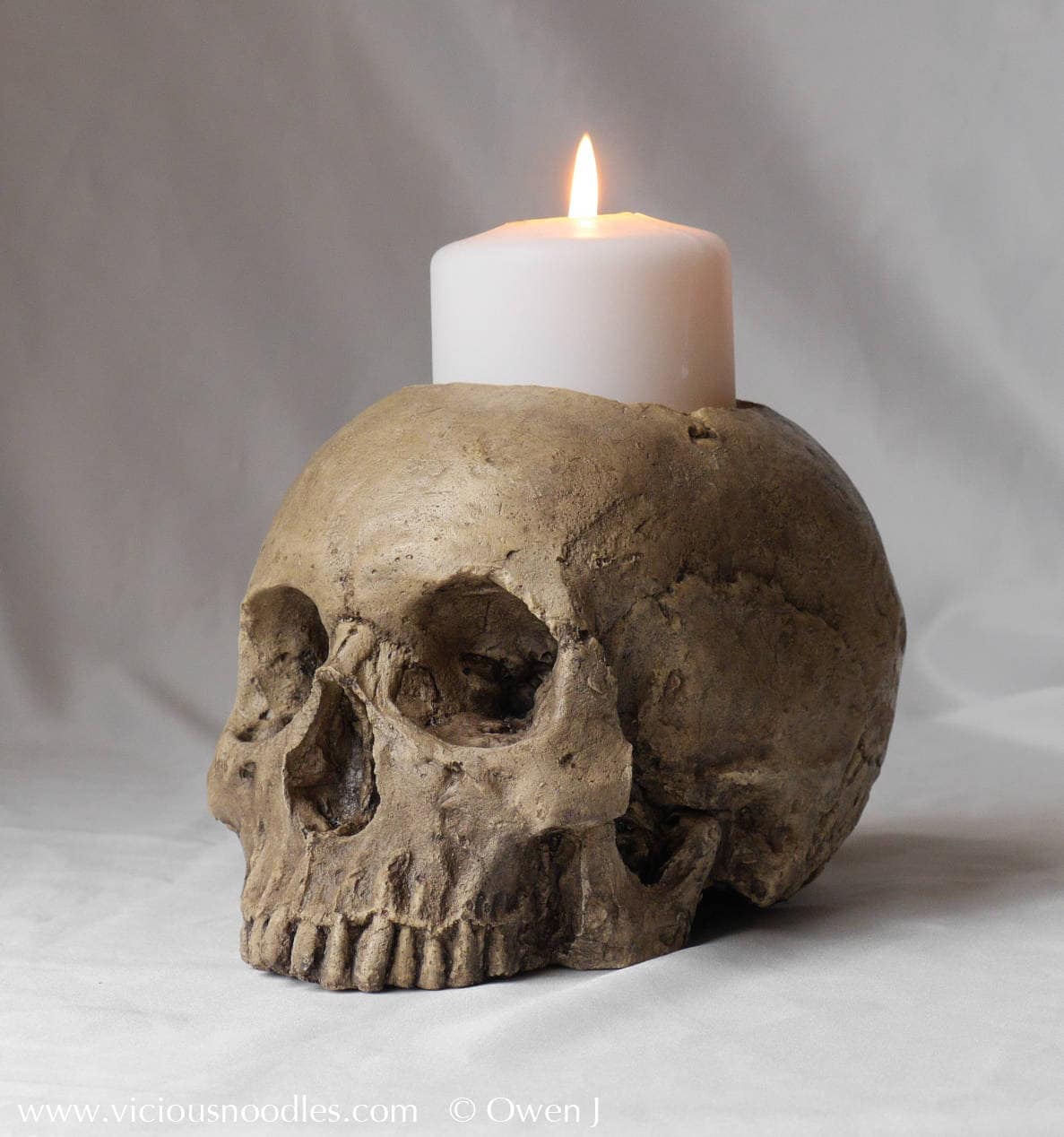 SKULL CANDLE HOLDER polished Bone Full Size Human Skull Candle Holder Made  From Plaster of Paris, Painted for a Weathered Appearance 