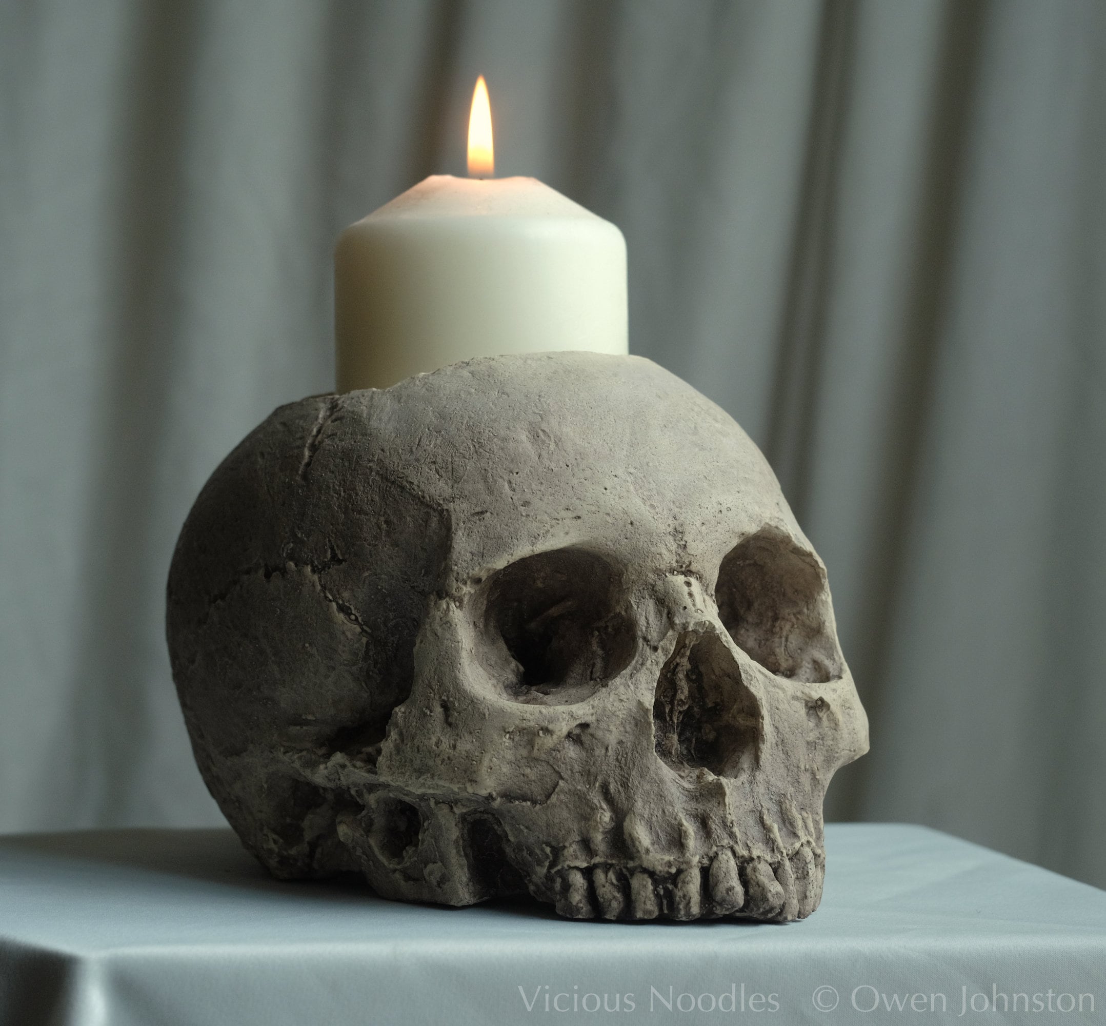 SKULL CANDLE HOLDER polished Bone Full Size Human Skull Candle Holder Made  From Plaster of Paris, Painted for a Weathered Appearance 