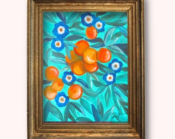 Orange Blossoms Painting, Citrus Fruit Art, Orange Pop Art, Flower Blossom Painting, Tropical Fruit Art, Teal Artwork,