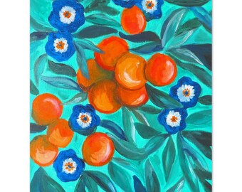 Oranges Art Print Museum-Quality Matte Paper Poster Orange Blossom Painting Oranges Art Painting Fruit Artwork Kitchen Decor Blue and Orange