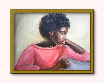 Young Black Girl Art, African American Portrait, Girl With Afro, Young Black Girl Painting, Girl in Pink Shirt,  Black Woman Artwork