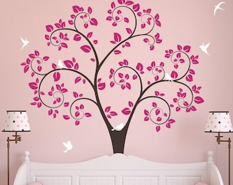 Tree Wall Decal: Pink Leaves and White Birds Nursery Design