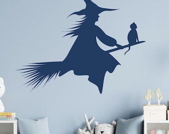 Flying Witch Silhouette Wall Decal – Halloween Cat Decor