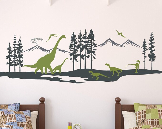 Dinosaur Wall Decal, Prehistoric Forest Landscape in Matte Vinyl