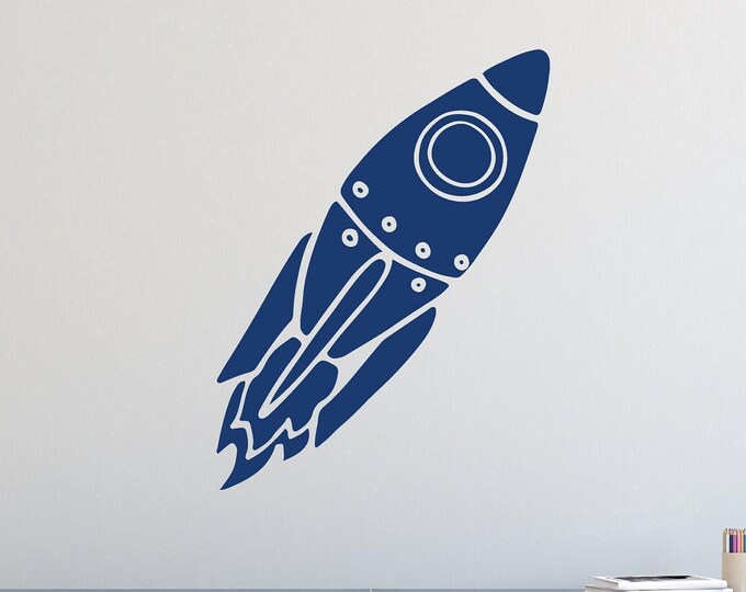 Rocket Wall Decal: Blue Retro Spaceship with Flames