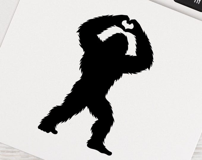 Bigfoot Laptop Decal: Black Sasquatch Heart Hands Sticker