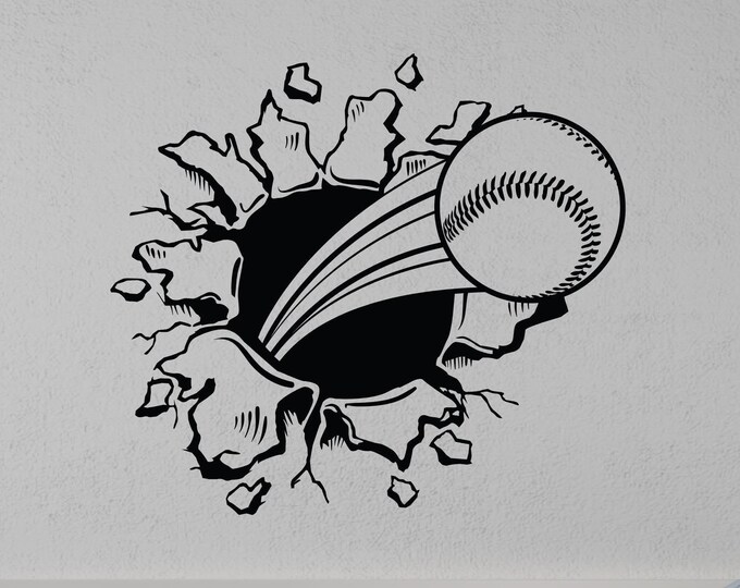 Baseball Wall Decal, Cracked Effect With Flying Vinyl Art