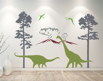 Dinosaur Wall Decal for Kids Room, Prehistoric Theme Vinyl Sticker, Large Tree and Pterodactyl Wall Art, Playroom Decor, Nursery Mural