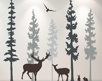 Forest Animal Wall Decal: Pine Tree Silhouettes with Deer Decor