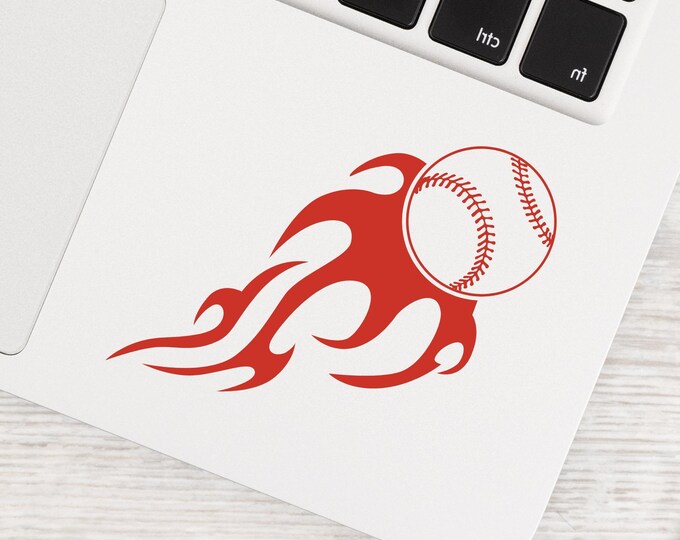 Flaming Baseball Laptop Decal: Red Vinyl Sports Sticker