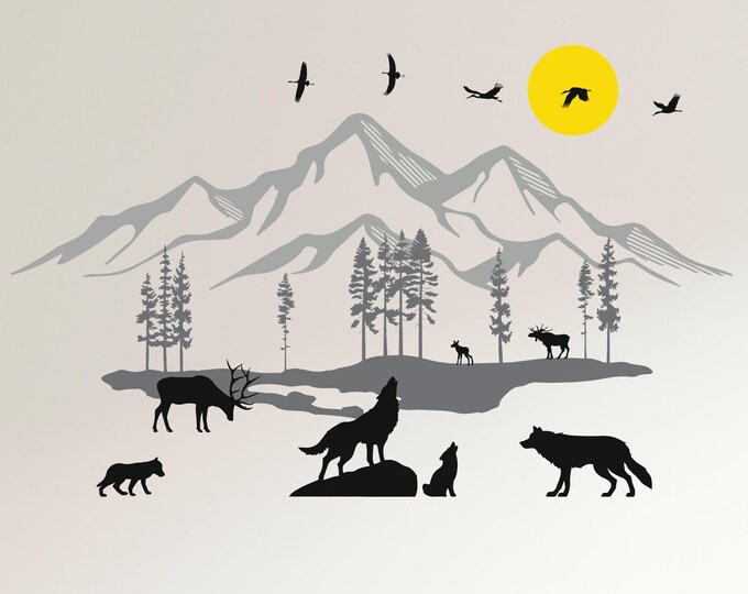 Wolf Wall Decal, Matte Vinyl Mountain Wildlife Scene