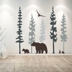 Bear wall decal - bear wall decor - tree wall decals - nursery wall decor D00657