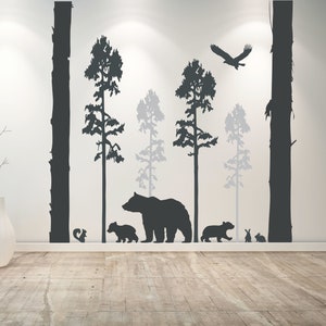 Forest Silhouette Wall Decal, Bear and Trees Vinyl Sticker, Woodland Nursery Room Decor, Large Wall Art, Nature Inspired Home Decoration
