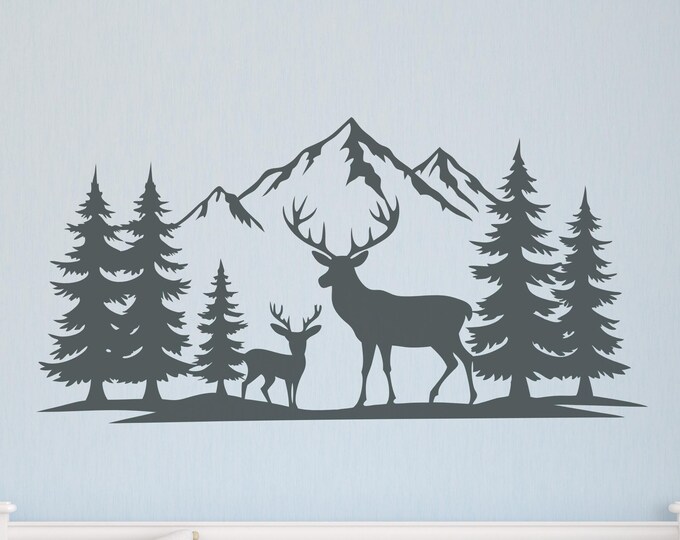 Deer Forest Wall Decal: Gray Stag, Pine Trees and Mountains