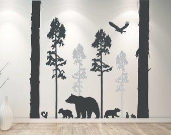 Forest Silhouette Wall Decal, Bear and Trees Vinyl Sticker, Woodland Nursery Room Decor, Large Wall Art, Nature Inspired Home Decoration