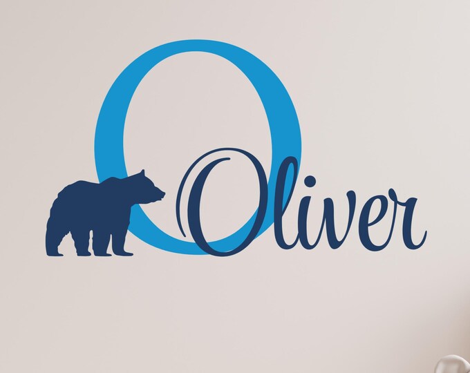 Personalized Bear Nursery Decal: Large Initial and Baby Name Design