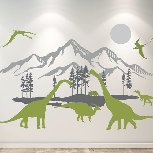 Dinosaur Wall Decal Mural Large Wall Decal Mountains Trees Etsy