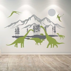 Dinosaur wall decal mural - Large wall decal - Mountains trees decal D00468