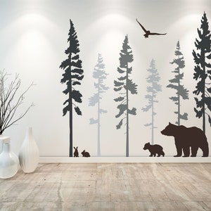 Bear wall decal - forest wall decal - tree wall decals - nursery wall decor D00748