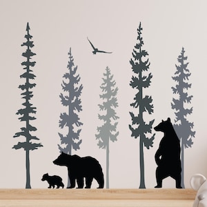 Bear Forest Wall Decal: Pine Tree Silhouette with Bear Family