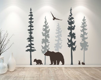 Bear wall decal - bear wall decor - tree wall decals - nursery wall decor D00657